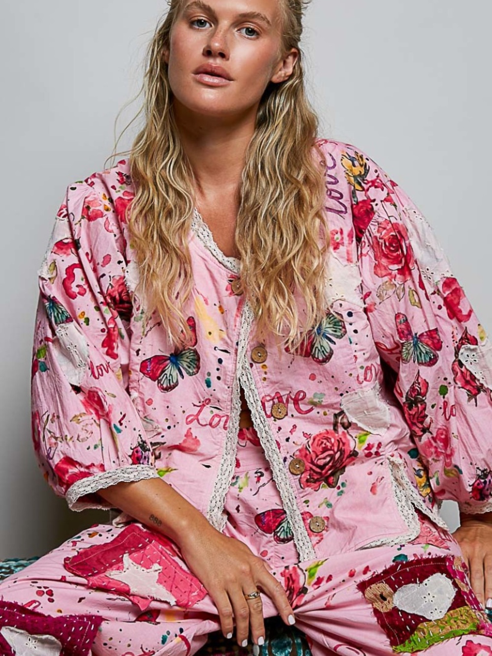 Pol Pink Mix Butterfly Star Love Floral Print Button Down Lightweight Jacket - Picture 3 of 6